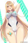  1girl arm_behind_head artist_name ass_visible_through_thighs bangs blonde_hair breasts choker cowboy_shot curvy eyelashes highres impossible_clothes kamaniki large_breasts long_hair looking_down mythra_(xenoblade) one-piece_swimsuit open_mouth shiny shiny_skin skin_tight sleeveless solo swept_bangs swimsuit taut_clothes taut_swimsuit thighs very_long_hair white_choker white_swimsuit wide_hips xenoblade_chronicles_(series) xenoblade_chronicles_2 yellow_eyes 
