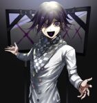  1boy :d bangs black_hair checkered checkered_scarf commentary_request danganronpa_(series) danganronpa_v3:_killing_harmony grey_jacket hair_between_eyes highres iei jacket light long_sleeves looking_at_viewer male_focus open_mouth ouma_kokichi purple_eyes purple_hair scarf short_hair smile solo spoilers straitjacket suzumetarou translation_request upper_body 