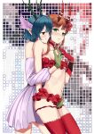  2girls akame antlers areolae bandeau bangs bare_shoulders belt black_belt blue_hair blush breast_grab breasts brown_hair c_(control) choker claws dress fingering flower frilled_bandeau from_side grabbing grabbing_from_behind green_eyes groping hair_between_eyes hair_flower hair_ornament head_wings highres horns lavender_dress long_hair mashu_(control) medium_breasts microskirt midriff multiple_girls naughty_face navel nipples nose_blush panties panty_pull parted_lips pointy_ears red_bandeau red_choker red_eyes red_flower red_legwear red_panties red_skirt revealing_clothes ruby_suguri short_dress short_hair skirt standing stomach strapless strapless_dress thighhighs tubetop twintails underwear yuri 
