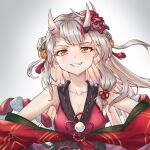  1girl bare_shoulders bell blush breasts cleavage cropped fangs grey_hair hair_bell hair_ornament hololive horns long_hair mask mask_on_head multicolored multicolored_hair nakiri_ayame oni oni_horns orange_eyes red_hair smile solo streaked_hair teeth upper_body virtual_youtuber yioshu 