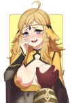  1boy 1girl absurdres ahoge bangs blonde_hair blue_eyes blush breast_grab breasts bridal_gauntlets fire_emblem fire_emblem_fates fire_emblem_heroes grabbing heart heart-shaped_pupils highres huge_filesize kiran_(fire_emblem) large_breasts looking_at_viewer male_hand nipples open_mouth ophelia_(fire_emblem) oppaihobby symbol-shaped_pupils 