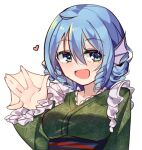  1girl blue_eyes blue_hair ddt_(darktrident) frills green_kimono hair_between_eyes heart japanese_clothes kimono long_sleeves looking_at_viewer lowres medium_hair open_mouth smile solo touhou upper_body wakasagihime waving webbed_hands white_background 