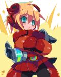  1girl absurdres blonde_hair blue_eyes blush bodysuit breasts cowboy_shot curvy disgaea dress gloves grey_gloves hair_between_eyes highres large_breasts looking_at_viewer makai_senki_disgaea nijino_piyori no_nose open_mouth plump pose red_bodysuit red_dress sentai shiny shiny_clothes shiny_hair short_dress short_hair signature solo standing zankuro 