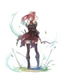 1girl absurdres armor arrow_(projectile) bare_shoulders belt black_footwear black_gloves bow_(weapon) breastplate brown_legwear brown_shorts closed_mouth eyebrows_visible_through_hair fingerless_gloves frills gloves grass hair_between_eyes highres holding holding_bow_(weapon) holding_weapon leaf long_hair official_art original planted planted_arrow ponytail quiver red_hair scabbard sheath sheathed shorts single_pauldron smile solo sword thigh_strap thighhighs turtle vambraces weapon wind yellow_eyes yioshu 
