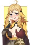  1boy 1girl absurdres ahoge bangs blonde_hair blue_eyes blush breast_grab breasts bridal_gauntlets fire_emblem fire_emblem_fates fire_emblem_heroes grabbing heart heart-shaped_pupils highres huge_filesize kiran_(fire_emblem) large_breasts looking_at_viewer male_hand open_mouth ophelia_(fire_emblem) oppaihobby symbol-shaped_pupils 