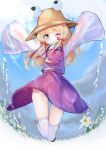  1girl 258n ;) \o/ absurdres arms_up bangs blonde_hair blunt_bangs blush brown_headwear cloud daffodil day dress eyebrows_behind_hair field fisheye flat_chest flower flower_field full_body green_eyes hair_ribbon hat highres hydrokinesis jumping long_hair long_sleeves moriya_suwako no_nose no_panties one_eye_closed outstretched_arms purple_dress purple_skirt purple_vest red_ribbon ribbon shirt sidelocks skirt skirt_set sky sleeves_past_fingers sleeves_past_wrists smile solo thighhighs touhou turtleneck vest water white_flower white_legwear white_shirt 