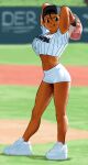  1girl :q abs arms_up arung_samudra_(cessa) backwards_hat bare_legs baseball_jersey baseball_mitt baseball_uniform black_eyes blurry blurry_background breasts cessa crop_top dark_skin english_commentary hat large_breasts midriff navel ombok_diving_and_delivery_services pac-man_eyes pitching platform_footwear shoes short_hair short_shorts shorts sidelighting sneakers solo sportswear standing toned tongue tongue_out very_dark_skin white_footwear white_shorts 