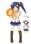  1girl bitcoin blue_hair blue_skirt blush boots coin_hair_ornament commentary_request english_text faceless faceless_female full_body gold_trim happy highres holding hood hood_down hood_up hoodie jewelry knee_boots looking_at_viewer miniskirt mochiko_(mochiko3121) necklace orange_eyes partially_unzipped personification pleated_skirt shadow side_ponytail simple_background skates skirt white_background white_hoodie 