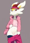  2021 anthro belly cinderace clothed clothing dodudoru flaccid flashing front_view fur genitals grey_background hi_res hoodie humanoid_genitalia humanoid_penis looking_at_viewer male navel nintendo partially_clothed penis pok&eacute;mon pok&eacute;mon_(species) red_eyes simple_background solo standing sweatband sweatpants topwear undressing video_games white_body white_fur 