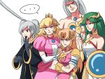  1boy 4girls :t angry blonde_hair blue_eyes circlet crossed_arms crown dress earrings final_fantasy final_fantasy_vii fire_emblem fire_emblem_awakening frown glaring green_hair grey_hair highres jealous jewelry kid_icarus kid_icarus_uprising lipstick long_hair makeup mario_(series) multiple_girls odd_one_out palutena pink_dress pointy_ears pout princess_peach princess_zelda robin_(fire_emblem) robin_(fire_emblem)_(female) scowl sephiroth shirtless simple_background staff super_smash_bros. the_legend_of_zelda the_legend_of_zelda:_a_link_between_worlds tina_fate white_background 