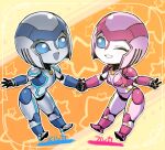  1boy 1girl blue_eyes breasts character_name chibi commentary_request furuka_(nyorobotics) grin holding_hands meruka_(nyorobotics) no_humans nyorobotics one_eye_closed open_mouth robot small_breasts smile space_jin starry_background v 