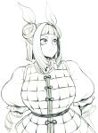  1girl breasts double_bun hair_ribbon haniwa_(statue) highres joutouguu_mayumi large_breasts looking_to_the_side monochrome puffy_sleeves ribbon solo space_jin touhou upper_body white_background 