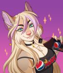  2021 anthro blonde_hair blue_eyes breasts canid canine canis charmrage clothed clothing digital_media_(artwork) domestic_dog ear_piercing ear_ring eyebrows eyelashes female hair looking_at_viewer mammal pepsi piercing smile solo 