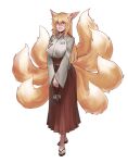  1girl absurdres animal_ear_fluff animal_ears bag bangs blonde_hair commentary commission english_commentary fox_ears fox_girl fox_tail full_body hair_between_eyes high-waist_skirt highres kitsune less long_hair long_sleeves looking_at_viewer multiple_tails orange_eyes original parted_lips pleated_skirt red_skirt sandals shirt simple_background skirt solo standing tail v_arms white_background white_shirt wide_sleeves 