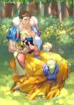  6+boys :o bara black_hair blue_dress bow bowtie collarbone crossdressing dress dwarf forest full_body genderswap genderswap_(ftm) grabbing hair_bow hand_on_own_face high_heels highres male_cleavage male_focus multiple_boys muscular muscular_male nature pectoral_grab pectorals short_hair sitting size_difference skirt smile snow_white_(disney) snow_white_and_the_seven_dwarfs ssong-ga yellow_skirt 