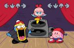 backwards_hat curtains formal friday_night_funkin&#039; grin hat highres king_dedede kirby kirby_(series) looking_at_another microphone no_humans open_mouth pink_hair rariatto_(ganguri) ribbon_(kirby) shoes smile speaker stage suit sweat 