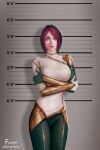  1girl black_hair blue_eyes breasts crossed_arms fiora_laurent firolian gloves height_chart highres large_breasts league_of_legends lips looking_at_viewer mugshot multicolored_hair pants red_hair short_hair solo standing 