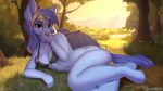  anthro blue_body breasts clothed clothing discordthege equid equine fan_character female forest hasbro hi_res horse mammal my_little_pony no_underwear plant pony solo sunset tree wings 