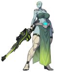  1girl bald bald_girl bandeau breasts cleavage colored_skin commentary_request covered_nipples forehead_jewel full_body green_eyes green_skin gun highres large_breasts looking_to_the_side midriff navel original pelvic_curtain rifle sniper_rifle solo space_jin weapon 