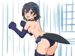  1girl :d ass bare_back black_eyes black_gloves black_hair blush breasts claw_pose cosplay elbow_gloves eyebrows_visible_through_hair gloves greater_lophorina_(kemono_friends) head_wings highres kemono_friends leaning_forward looking_at_viewer looking_back medium_breasts open_mouth paw_gloves paws shiisaa_right shiisaa_right_(cosplay) shiraha_maru short_hair shoulder_blades smile solo sweatdrop tail thighhighs twitter_username 