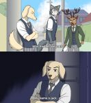  anthro beastars bird_dog canid canine canis captions cervid clothing cross-popping_vein dialogue domestic_dog group hi_res humanoid humor hunting_dog jack_(beastars) labrador legoshi_(beastars) louis_(beastars) male mammal parody quantum_lapiz retriever vein wolf 