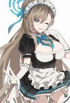  1girl absurdres apron asuna_(blue_archive) bangs between_breasts black_dress blue_archive blue_bow bow bowtie braid breasts brown_hair choker dress elbow_gloves eyes_visible_through_hair garter_straps gloves hair_bun hair_over_one_eye halo headphones highres large_breasts long_hair looking_at_viewer maid_headdress mole mole_on_breast one_eye_closed open_mouth oy_ils parted_bangs pleated_dress puffy_short_sleeves puffy_sleeves short_sleeves simple_background smile solo thighhighs very_long_hair waist_apron white_apron white_background white_gloves white_legwear 