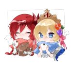  2girls :&lt; bag bangs baozi blonde_hair blue_eyes blush breath chibi closed_eyes cropped_torso crown daifuku europa_(granblue_fantasy) flower food gauntlets godsworn_alexiel granblue_fantasy hair_flower hair_ornament holding holding_food long_hair multiple_girls nose_blush paper_bag red_hair scarf short_hair upper_body white_background yakota_(usuk-yako) 