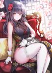  1girl bangs black_hair breasts china_dress chinese_clothes cleavage dress eyebrows_visible_through_hair flower gloves hair_flower hair_ornament long_hair mafuyu medium_breasts original see-through side_slit sitting solo thighhighs white_gloves white_legwear 