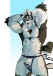  1boy abs ainu_clothes animal_ears arms_behind_head bara biceps bulge chest_hair cowboy_shot furry grey_fur grey_hair headband highres horkeu_kamui_(tokyo_houkago_summoners) large_pectorals male_focus multicolored_hair muscular muscular_male navel nipples one_eye_closed pelvic_curtain revealing_clothes seato-hao short_hair silver_hair smile solo stomach tail thick_thighs thighs tokyo_houkago_summoners two-tone_fur white_fur wind wolf_boy wolf_ears wolf_tail yellow_eyes 