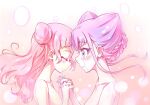  2girls blue_eyes braid closed_eyes closed_mouth collarbone crying crying_with_eyes_open cure_yell double_bun highres holding_hands hugtto!_precure interlocked_fingers kyoutsuugengo long_hair multiple_girls nude open_mouth pink_hair precure profile purple_hair ruru_amour shiny shiny_hair smile tears upper_body 
