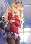  1girl bag bangs blonde_hair blue_skirt blush bow box breasts brown_legwear brown_scarf closed_mouth commentary_request ereshkigal_(fate) eyebrows_visible_through_hair fate/grand_order fate_(series) gift gift_box grey_skirt hair_between_eyes hair_bow highres holding holding_gift indoors jacket long_hair long_sleeves looking_at_viewer medium_breasts pantyhose parted_bangs plaid plaid_skirt pleated_skirt red_bow red_eyes red_jacket revision scarf school_bag shoe_locker shoulder_bag skirt small_breasts solo sweat thighs tiara two_side_up valentine very_long_hair window yumesaki 