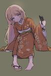  1girl bad_feet bad_hand barefoot blonde_hair blush_stickers buwei_(ironypot) cat_ornament closed_mouth comb danganronpa_(series) danganronpa_2:_goodbye_despair error floral_print frown full_body hair_ornament_removed hand_up highres holding holding_comb japanese_clothes kimono long_hair long_sleeves looking_at_viewer obi orange_kimono saionji_hiyoko sash shoes simple_background single_shoe sitting solo wide_sleeves 