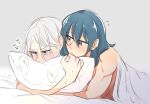  2girls bangs bare_shoulders bed_sheet blanket blue_eyes blue_hair blush byleth_(fire_emblem) byleth_(fire_emblem)_(female) commentary_request ear_blush edelgard_von_hresvelg embarrassed eyebrows_visible_through_hair eyes_visible_through_hair fire_emblem fire_emblem:_three_houses grey_background grey_eyes hair_between_eyes hug hug_from_behind long_hair looking_at_another lying multiple_girls nose_blush on_stomach pillow pillow_hug riromomo simple_background sweat tearing_up translation_request white_hair yuri 