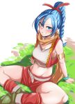  1girl absurdres belt blue_eyes blue_hair blush braid breasts clenched_teeth commentary_request dragon_quest dragon_quest_xi hair_ribbon highres long_hair looking_at_viewer maya_(dq11) medium_breasts megao_3rd midriff red_footwear red_ribbon red_shorts red_vest ribbon shirt shorts single_braid sitting solo teeth vest white_belt white_shirt 