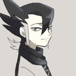  1boy bangs black_hair black_scarf closed_mouth commentary_request grey_background grey_eyes grimsley_(pokemon) hair_between_eyes half-closed_eyes light_smile male_focus ni_lu_unk pokemon pokemon_(game) pokemon_sm scarf simple_background sketch solo upper_body 