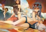  4girls ;d arknights arm_support ass bare_arms bare_legs bare_shoulders bikini bikini_skirt bikini_top black_bikini black_shorts black_swimsuit blonde_hair blue_shorts breasts brown_eyes brown_hair casual_one-piece_swimsuit cleavage closed_mouth croissant_(explorer)_(arknights) day eyewear_on_head eyyy gummy_(summer_flowers)_(arknights) inflatable_orca inflatable_toy kneeling long_hair lying medium_breasts multiple_girls navel on_side one-piece_swimsuit one_eye_closed open_mouth orange_hair orca_hair_ornament outdoors pennant red-tinted_eyewear red_eyes short_hair shorts silver_hair skadi_(waverider)_(arknights) skyfire_(temperature_difference)_(arknights) smile sora_(arknights) stomach sunglasses sunlight swimsuit texas_(arknights) umbrella very_long_hair white_bikini 