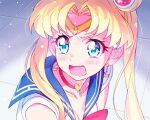  bishoujo_senshi_sailor_moon blonde_hair blue_eyes blue_sailor_collar blush breasts choker circlet cleavage collarbone collared_shirt crescent crescent_earrings earrings eyebrows_visible_through_hair hair_bun hair_intakes heart heart_choker highres jewelry kyoutsuugengo long_hair open_mouth red_choker sailor_collar sailor_moon sailor_moon_redraw_challenge sailor_senshi_uniform sailor_shirt shirt small_breasts upper_body v-shaped_eyebrows very_long_hair white_shirt 