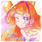  1girl ;) amanogawa_kirara bangs blunt_bangs blush choker collarbone cure_twinkle earrings eyebrows_visible_through_hair go!_princess_precure highres jewelry kyoutsuugengo long_hair one_eye_closed orange_hair portrait precure purple_eyes shiny shiny_hair smile solo star_(symbol) star_earrings strapless yellow_choker 