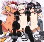  3girls anal_tail animal_ear_fluff animal_ears bangs bare_shoulders bell black_gloves black_hair black_legwear blush bow breasts brown_eyes cat_ears cat_tail chloe_von_einzbern collarbone covered_nipples dark_skin dark_skinned_female elbow_gloves fake_animal_ears fake_tail fate/kaleid_liner_prisma_illya fate_(series) feathers gloves grey_gloves grey_legwear hair_between_eyes hair_bow hair_feathers hair_ornament hair_ribbon hairclip heart_pasties highres illyasviel_von_einzbern jingle_bell legs long_hair looking_at_viewer lying maebari miyu_edelfelt multiple_girls navel on_back open_mouth orange_eyes pasties paw_gloves paws pink_hair ponytail red_bow red_eyes ribbon rougetsu_(eclipse) sidelocks small_breasts smile stomach_tattoo sweat tail tattoo thighhighs twintails white_hair 