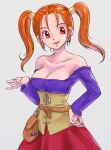  1girl :d bare_shoulders belt breasts chinyan cleavage corset dragon_quest dragon_quest_viii earrings hand_on_hip highres jessica_albert jewelry large_breasts long_hair looking_at_viewer open_mouth orange_hair pouch purple_shirt red_eyes red_skirt shirt skirt smile solo twintails 