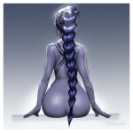  1girl arm_tattoo ass back_tattoo border braid colored_skin completely_nude english_commentary gradient gradient_background grey_background long_braid long_hair nude overwatch overwatch_2 purple_hair purple_skin single_braid sitting solo tattoo the_pixel_buster white_border widowmaker_(overwatch) 