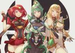  3girls bangs bare_legs bare_shoulders black_gloves blonde_hair blush breasts chest_jewel cleavage_cutout clothing_cutout dress dual_persona earrings elbow_gloves fadingzz fingerless_gloves gem gloves greek_text green_eyes green_hair headpiece high_heels jewelry large_breasts long_hair long_ponytail multiple_girls mythra_(xenoblade) neon_trim open_mouth pneuma_(xenoblade) ponytail pyra_(xenoblade) red_eyes red_hair red_legwear red_shorts short_dress short_hair short_shorts shorts smash_invitation spoilers swept_bangs swimsuit thigh_strap thighhighs tiara very_long_hair white_dress white_footwear white_gloves white_swimsuit xenoblade_chronicles_(series) xenoblade_chronicles_2 yellow_eyes 
