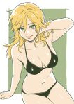  1girl arm_support bikini blonde_hair breasts cleavage collarbone eva_(mgs) eyebrows_visible_through_hair green_eyes hand_in_hair large_breasts long_hair looking_at_viewer metal_gear_(series) metal_gear_solid_3 navel noriuma shiny shiny_skin sitting smile solo swimsuit 