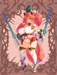  1girl animal_ears breasts dairoku_youhei dual_wielding expressionless eyebrows_visible_through_hair fox_ears fox_girl fox_tail full_body gloves hat high_heels high_ponytail holding holding_sword holding_weapon huge_breasts long_hair looking_at_viewer magatama multicolored_hair official_art pink_eyes pink_hair ryoji_(nomura_ryouji) solo standing sword tail thighhighs thorns two-tone_hair weapon white_hair 