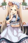  1girl abigail_williams_(fate) absurdres animal_ears apron bangs bao_(s_888) blonde_hair blue_dress blue_eyes blush bow breasts cat_ears cook_heart_(fate) dress fate/grand_order fate_(series) food forehead fruit hair_bow highres long_hair looking_at_viewer mixing_bowl multiple_bows multiple_hair_bows pancake parted_bangs plate puffy_short_sleeves puffy_sleeves short_sleeves sidelocks small_breasts strawberry stuffed_animal stuffed_toy tasting teddy_bear tongue tongue_out twintails whisk 