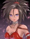  1girl asymmetrical_clothes bare_shoulders black_hair breasts chinyan cleavage collar dragon_quest dragon_quest_viii earrings elbow_gloves gloves hair_up hoop_earrings jewelry looking_at_viewer medium_breasts metal_collar purple_eyes red_(dq8) red_gloves red_lips solo spiked_hair upper_body 