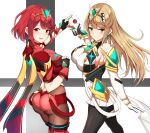 2girls ass back bangs bare_shoulders black_gloves black_legwear blonde_hair blush breasts chest_jewel dress earrings envelope fingerless_gloves gloves highres jewelry large_breasts looking_at_viewer looking_back multiple_girls mythra_(xenoblade) noeomi open_mouth pantyhose pyra_(xenoblade) red_eyes red_hair red_shorts short_dress short_hair short_shorts shorts smile super_smash_bros. swept_bangs thighs tiara wax_seal white_dress xenoblade_chronicles_(series) xenoblade_chronicles_2 yellow_eyes 