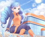  1girl ace_trainer_(pokemon) arm_support belt blue_hair blurry blurry_background boots breasts building closed_mouth cloud collared_vest commentary_request day from_below hair_tie highres lens_flare long_sleeves looking_at_viewer npc_trainer orange_footwear orange_vest outdoors pokemon pokemon_(game) pokemon_bw shirt sitting sky smile solo sun takahara tied_hair twintails vest water water_drop 