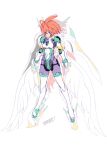  1girl absurdres ahoge armor blue_eyes bodysuit breasts covered_navel highres humanization kotobuki_tsukasa mecha_musume red_hair short_hair signature small_breasts solo standing super_robot_wars super_robot_wars_original_generation valsione white_background wings 