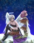  2girls angel angel_wings bare_shoulders black_choker black_gloves black_legwear blue_eyes boots breasts bridal_gauntlets brown_footwear brown_legwear brown_skirt chinyan choker cleavage collarbone commentary_request dragon_quest dragon_quest_ix gloves green_eyes grey_hair halo heroine_(dq9) highres kneeling medium_breasts multiple_girls night night_sky pink_hair raviel short_hair sitting skirt sky thighhighs white_wings wings 